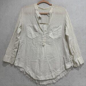 Raquel Allegra Shirt Womens Medium White Raw Hem Gauze Henley Top Made USA
